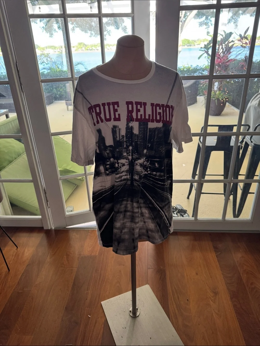 True Religion White Tee with Black Cityscape and Maroon Logo